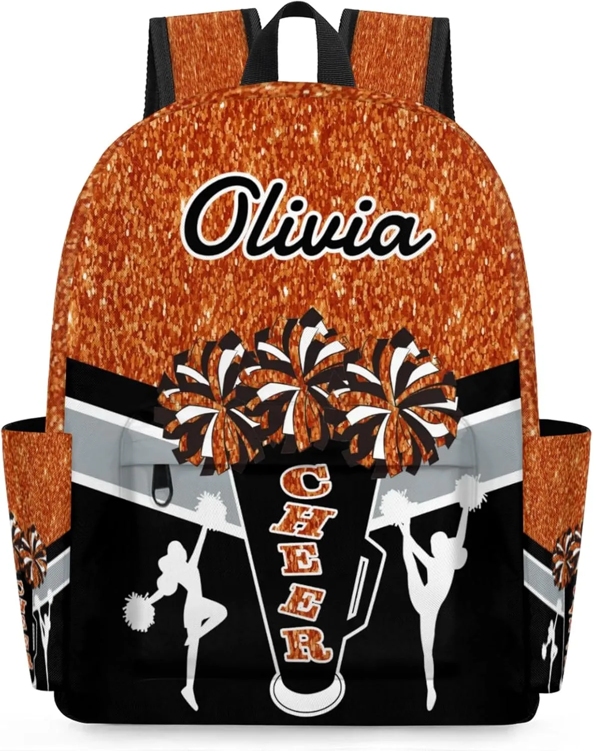 Custom Cheer Backpack for Women Cheerleaders, Personalized Waterproof Casual Daypack Bag with Name for Camping Hiking, Dark Orange Glitter Shoulder Bag