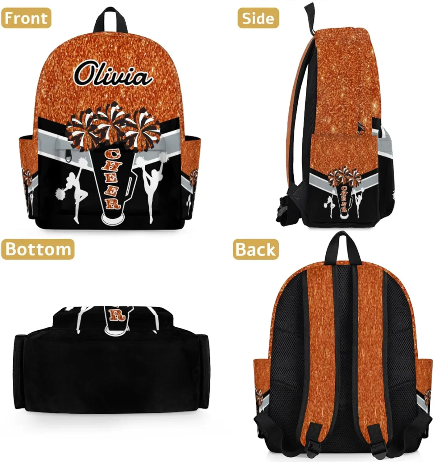 Custom Cheer Backpack for Women Cheerleaders, Personalized Waterproof Casual Daypack Bag with Name for Camping Hiking, Dark Orange Glitter Shoulder Bag