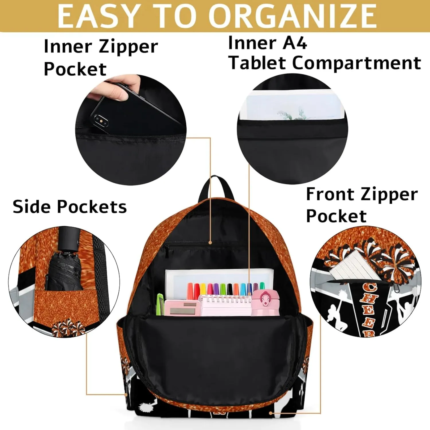Custom Cheer Backpack for Women Cheerleaders, Personalized Waterproof Casual Daypack Bag with Name for Camping Hiking, Dark Orange Glitter Shoulder Bag