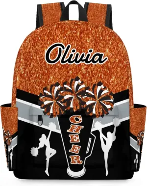 Custom Cheer Backpack for Women Cheerleaders, Personalized Waterproof Casual Daypack Bag with Name for Camping Hiking, Dark Orange Glitter Shoulder Bag