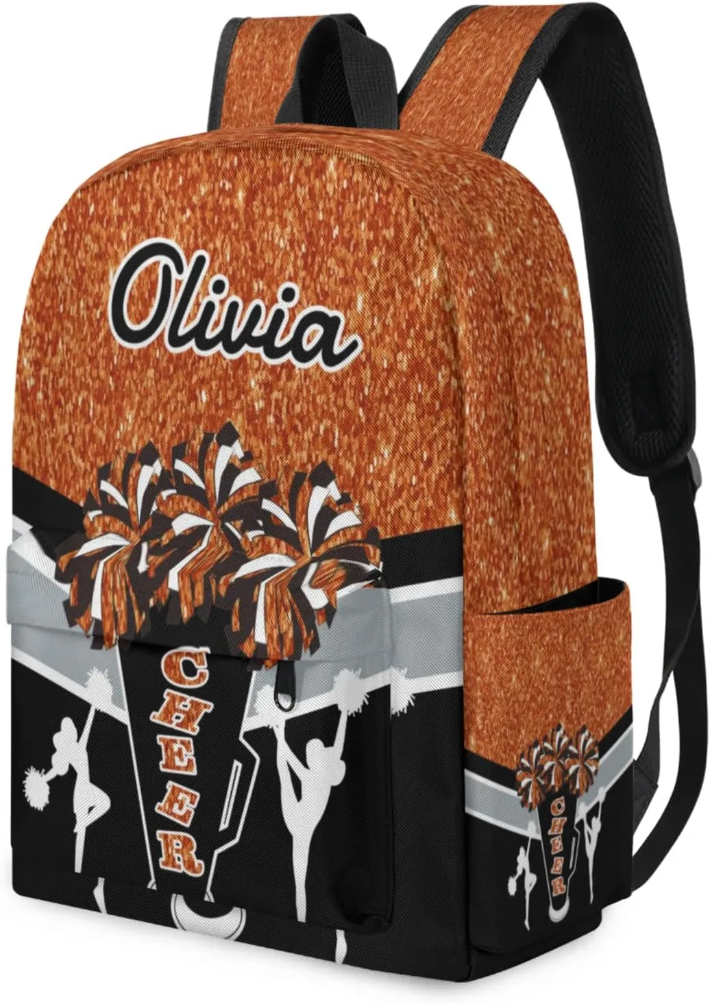Custom Cheer Backpack for Women Cheerleaders, Personalized Waterproof Casual Daypack Bag with Name for Camping Hiking, Dark Orange Glitter Shoulder Bag