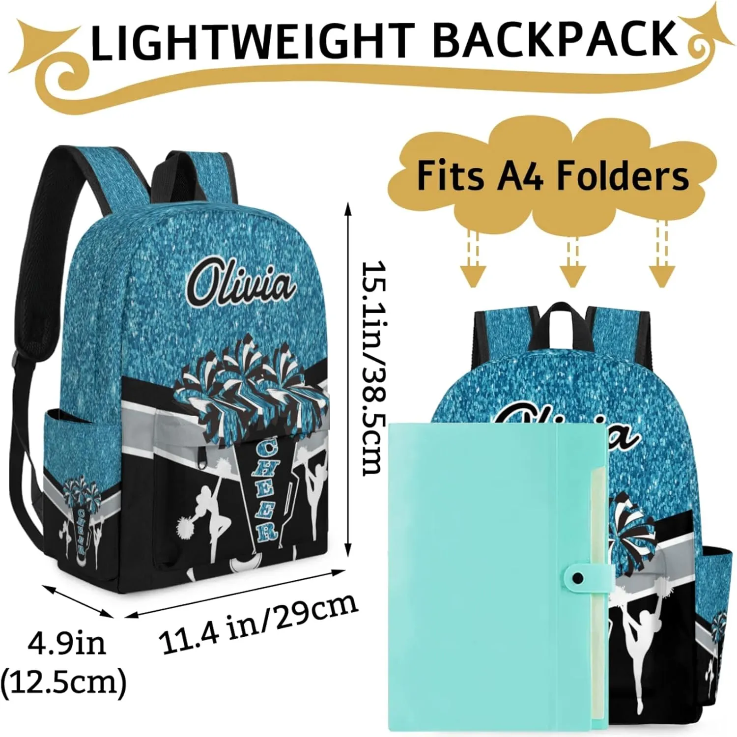 Custom Cheer Backpack for Women Cheerleaders, Personalized Waterproof Casual Daypack Bag with Name for Camping Hiking, Teal Glitter Shoulder Bag