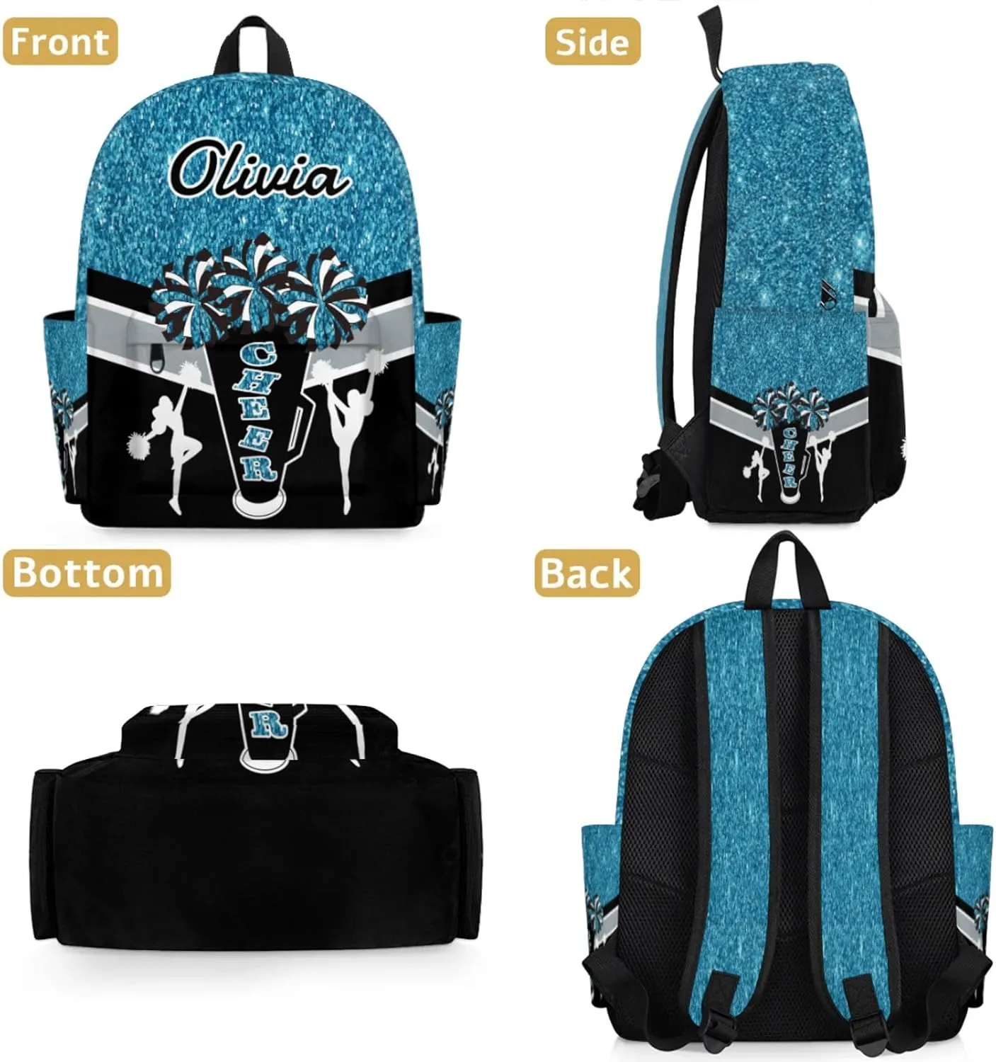Custom Cheer Backpack for Women Cheerleaders, Personalized Waterproof Casual Daypack Bag with Name for Camping Hiking, Teal Glitter Shoulder Bag