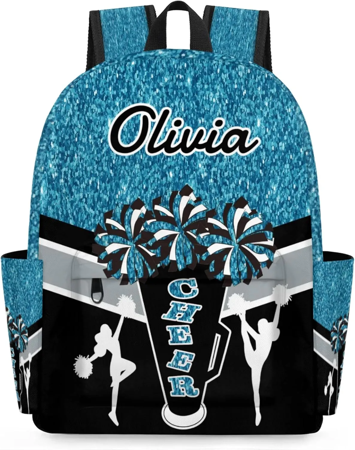 Custom Cheer Backpack for Women Cheerleaders, Personalized Waterproof Casual Daypack Bag with Name for Camping Hiking, Teal Glitter Shoulder Bag