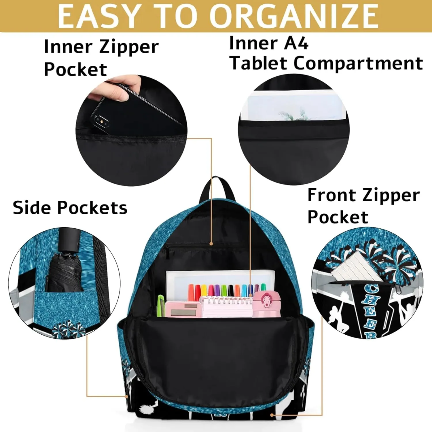 Custom Cheer Backpack for Women Cheerleaders, Personalized Waterproof Casual Daypack Bag with Name for Camping Hiking, Teal Glitter Shoulder Bag