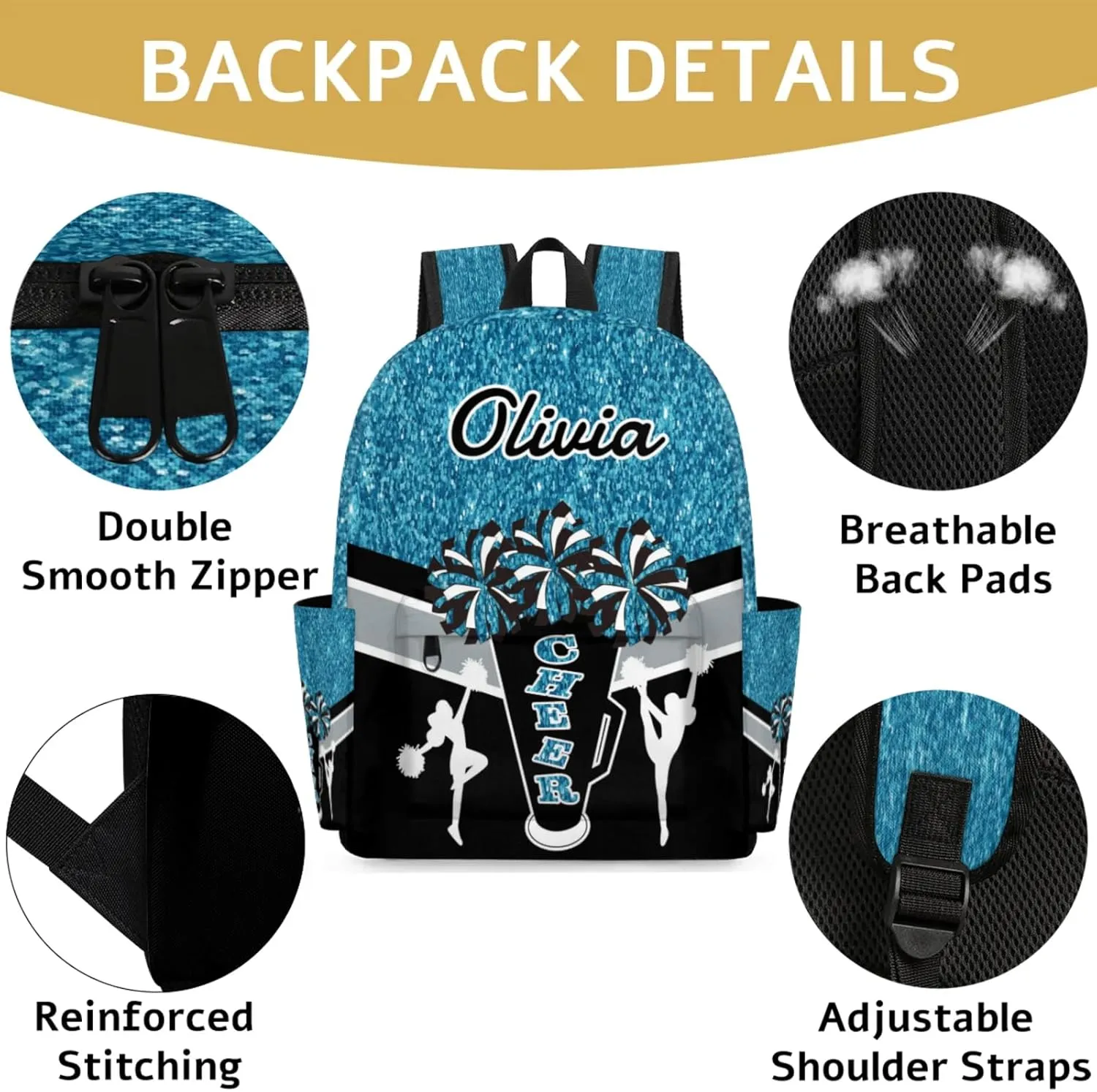 Custom Cheer Backpack for Women Cheerleaders, Personalized Waterproof Casual Daypack Bag with Name for Camping Hiking, Teal Glitter Shoulder Bag