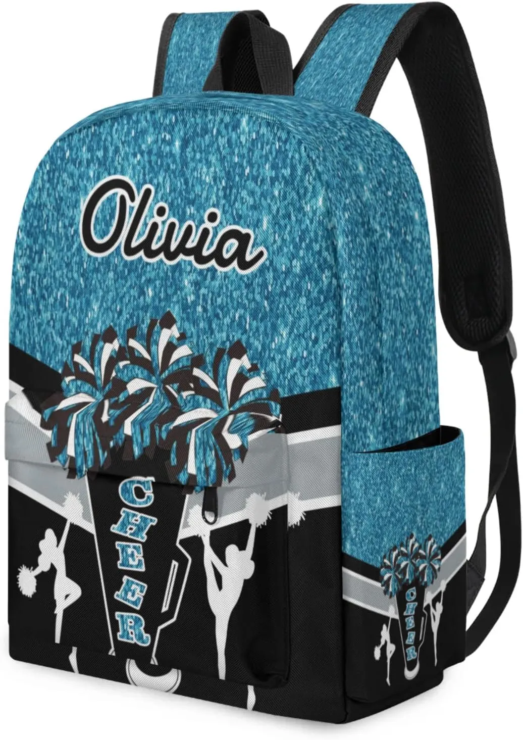 Custom Cheer Backpack for Women Cheerleaders, Personalized Waterproof Casual Daypack Bag with Name for Camping Hiking, Teal Glitter Shoulder Bag
