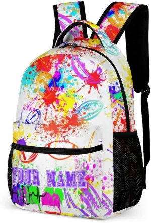 Custom Football Backpack for Kids Girls Boys School, 16 Inches Cool Football Theme Bookbag, Adjustable, Durable, Lightweight, Large Capacity, Colorful Football Backpack for School