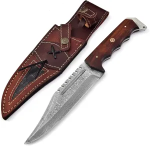 Custom Handmade Damascus Steel Fixed Blade Bowie Hunting Knife with Leather Sheath-12Inch Survival Camping Outdoor Knives for men with Horizontal and Vertical Carry