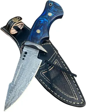 Custom Handmade Damascus Steel Hunting Knife with Leather Sheath - Ideal for Skinning, Camping, Outdoor - EDC Fixed Blade Bushcraft Horizontal and Vertical Carry Knives For Men