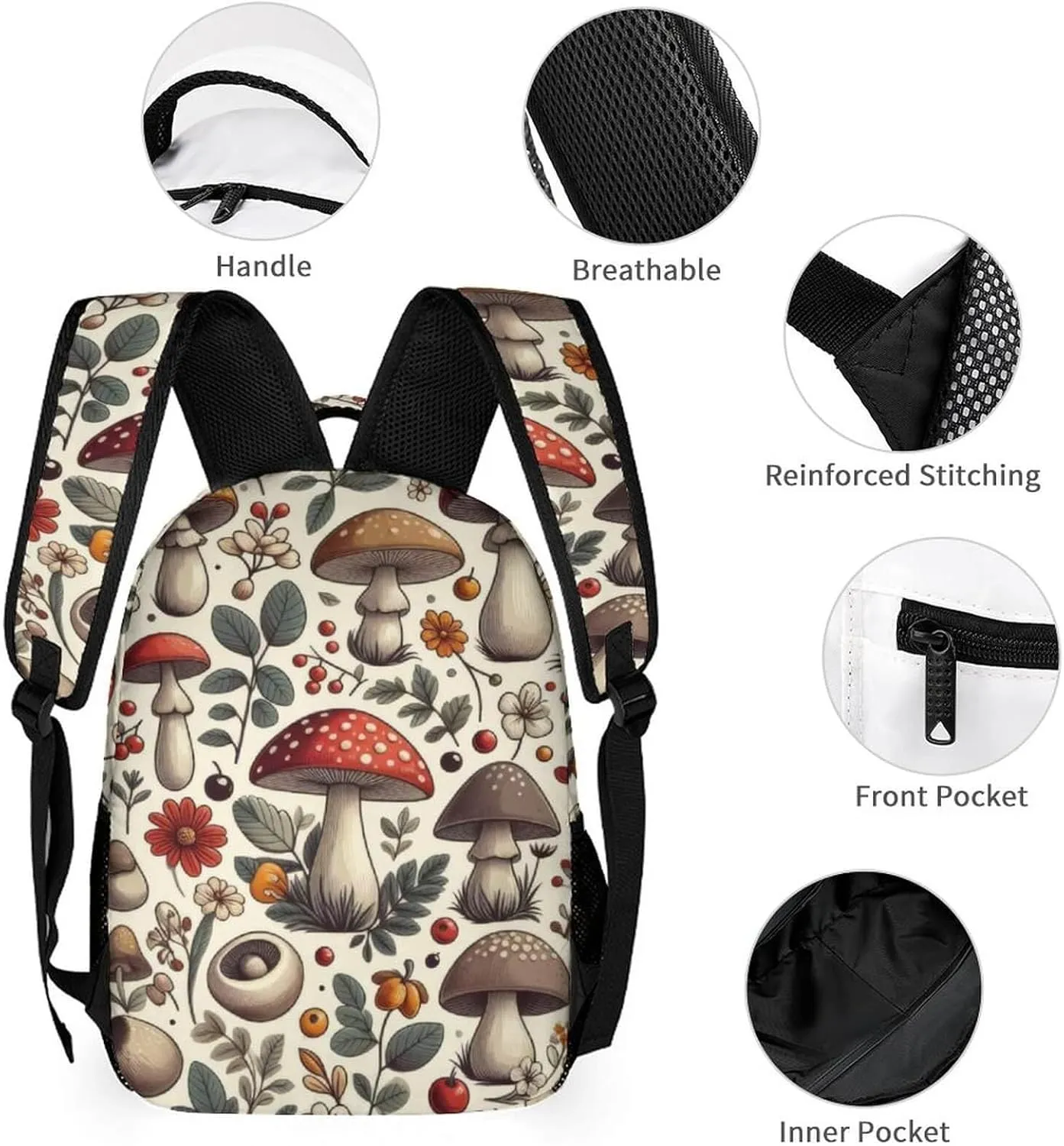 Custom Mushroom School Backpack for Kids Girls Boys, 16 Inch Cute Mushrooms Themed Bookbag, Personalized School Backpack for Students Children, Lightweight, Large Capacity