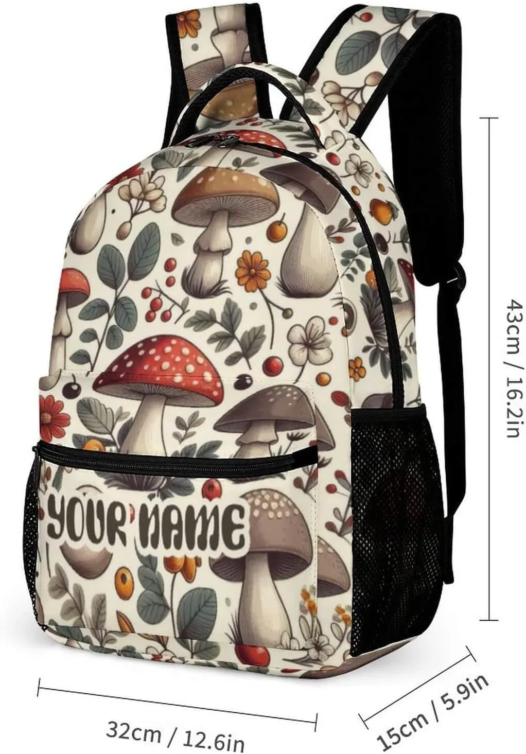 Custom Mushroom School Backpack for Kids Girls Boys, 16 Inch Cute Mushrooms Themed Bookbag, Personalized School Backpack for Students Children, Lightweight, Large Capacity