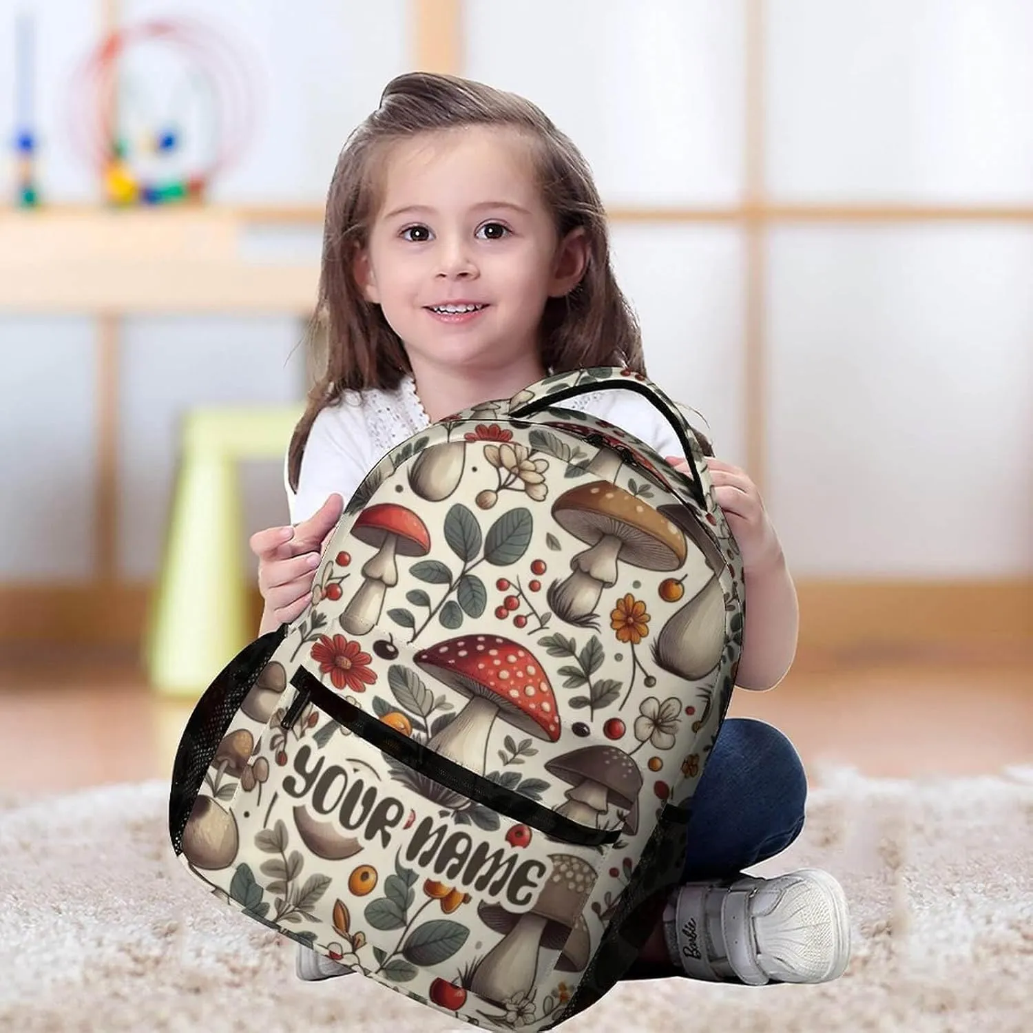 Custom Mushroom School Backpack for Kids Girls Boys, 16 Inch Cute Mushrooms Themed Bookbag, Personalized School Backpack for Students Children, Lightweight, Large Capacity
