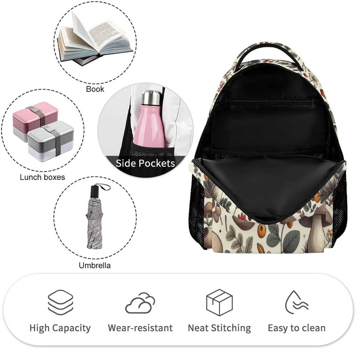 Custom Mushroom School Backpack for Kids Girls Boys, 16 Inch Cute Mushrooms Themed Bookbag, Personalized School Backpack for Students Children, Lightweight, Large Capacity