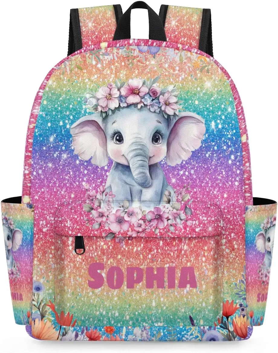 Custom Name Backpack, Personalized Casual Backpack for Camping Travel, Watercolor Painted Elephant with Flower Colorful Glittering
