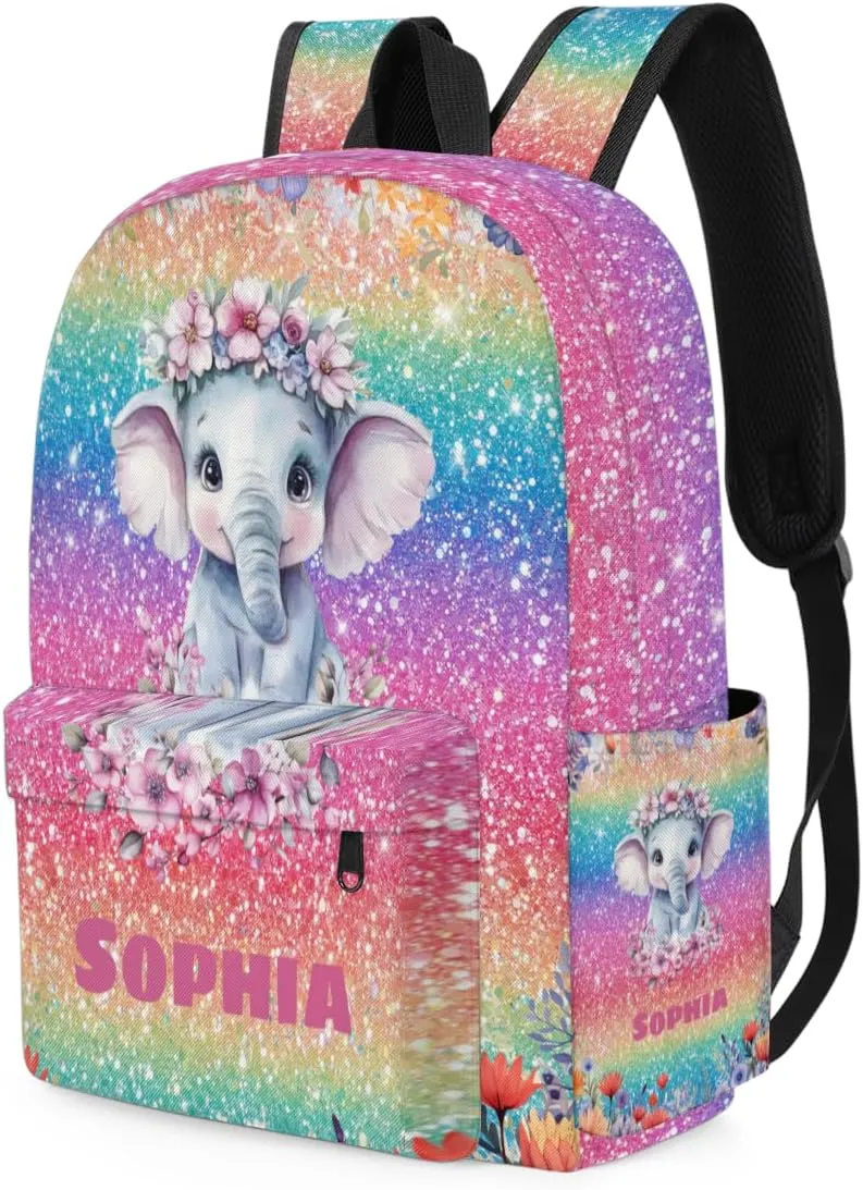 Custom Name Backpack, Personalized Casual Backpack for Camping Travel, Watercolor Painted Elephant with Flower Colorful Glittering