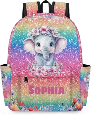 Custom Name Backpack, Personalized Casual Backpack for Camping Travel, Watercolor Painted Elephant with Flower Colorful Glittering