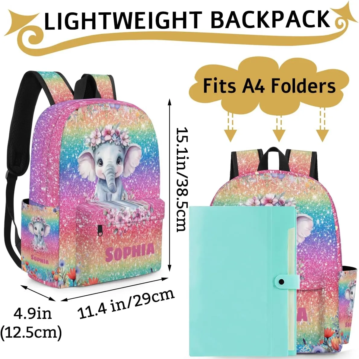 Custom Name Backpack, Personalized Casual Backpack for Camping Travel, Watercolor Painted Elephant with Flower Colorful Glittering