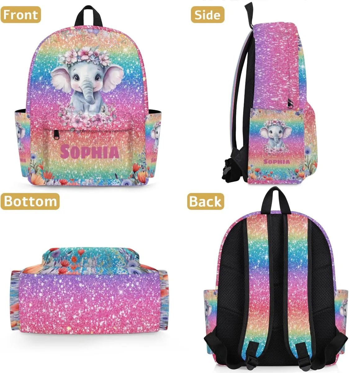 Custom Name Backpack, Personalized Casual Backpack for Camping Travel, Watercolor Painted Elephant with Flower Colorful Glittering