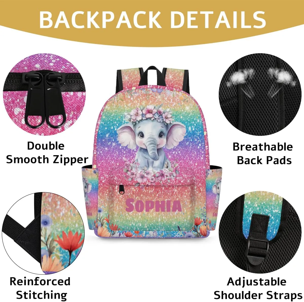 Custom Name Backpack, Personalized Casual Backpack for Camping Travel, Watercolor Painted Elephant with Flower Colorful Glittering