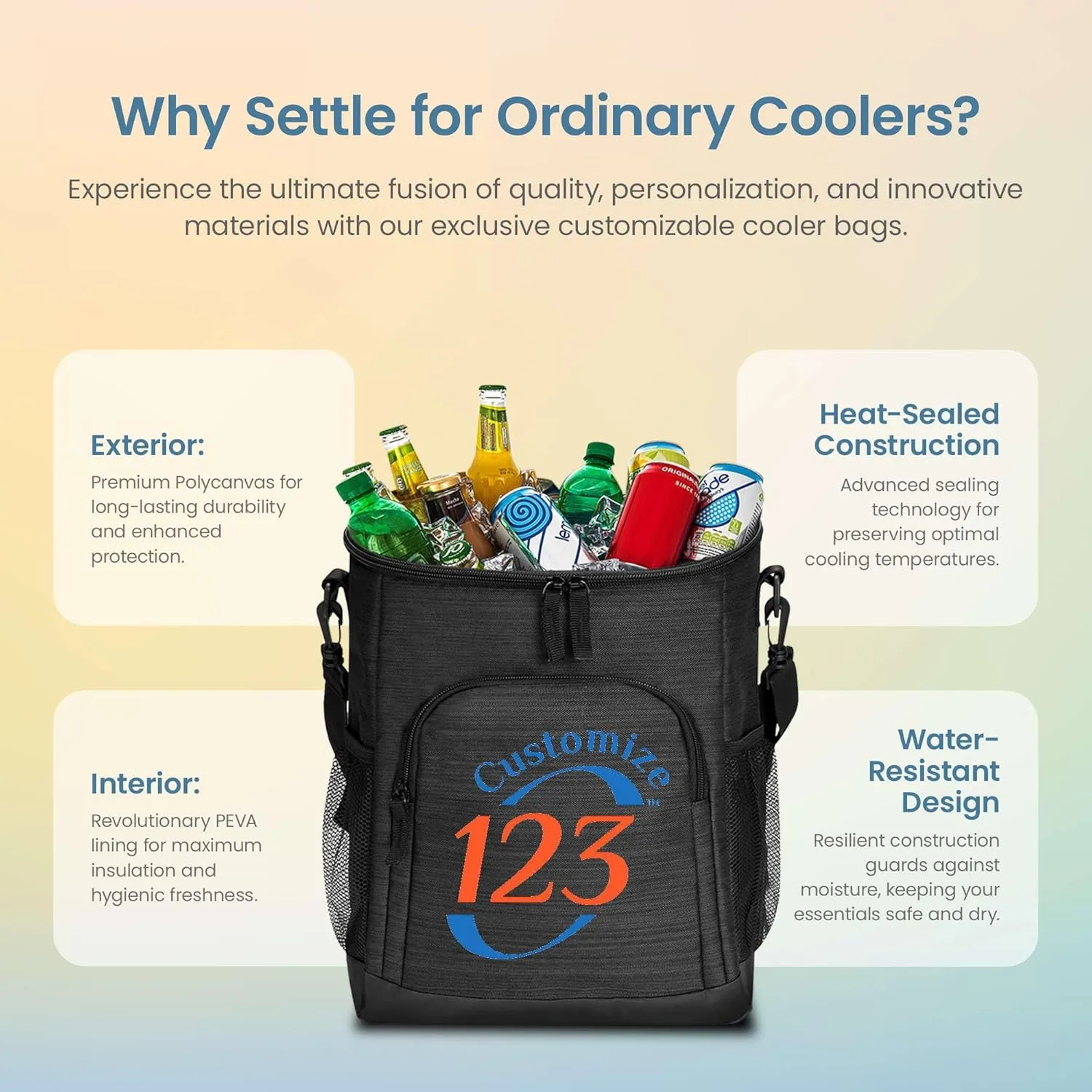 Custom Soft Cooler Bag - Personalize Your Insulated Bag | Backpack for Corporate Events or Gifts - Leak Proof Customizable Portable Cooler Bag Holds 24 Beer Cans - 15x10x7 - Customize 123