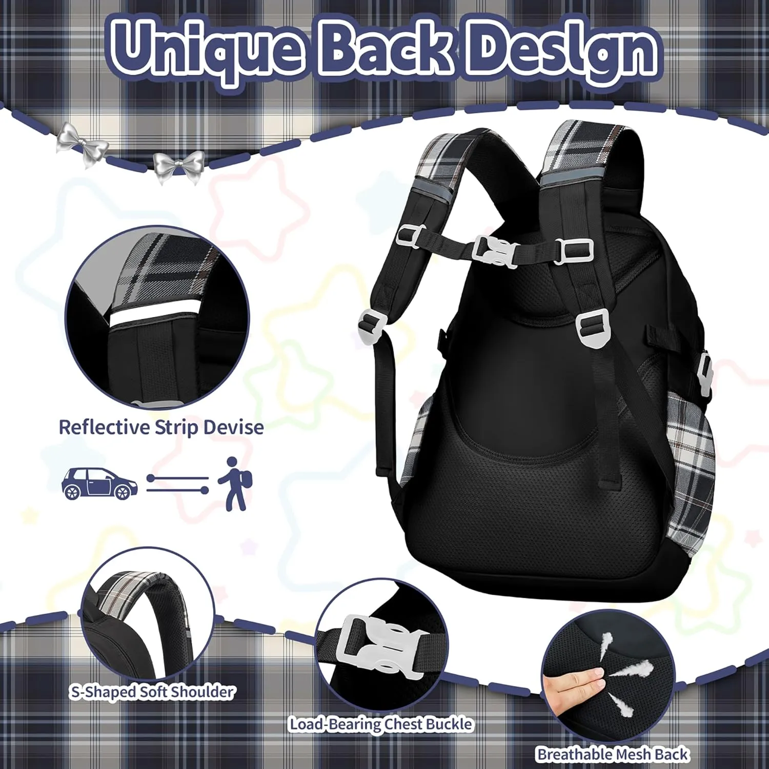 Cute Backpack for Girls, 5 Pack Kawaii Backpack Aesthetic Backpack with Lunch Box Set, Girls Black School Bookbag for Kids Teen Elementary