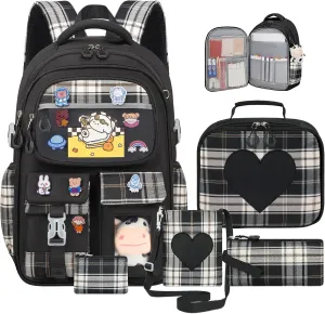 Cute Backpack for Girls, 5 Pack Kawaii Backpack Aesthetic Backpack with Lunch Box Set, Girls Black School Bookbag for Kids Teen Elementary