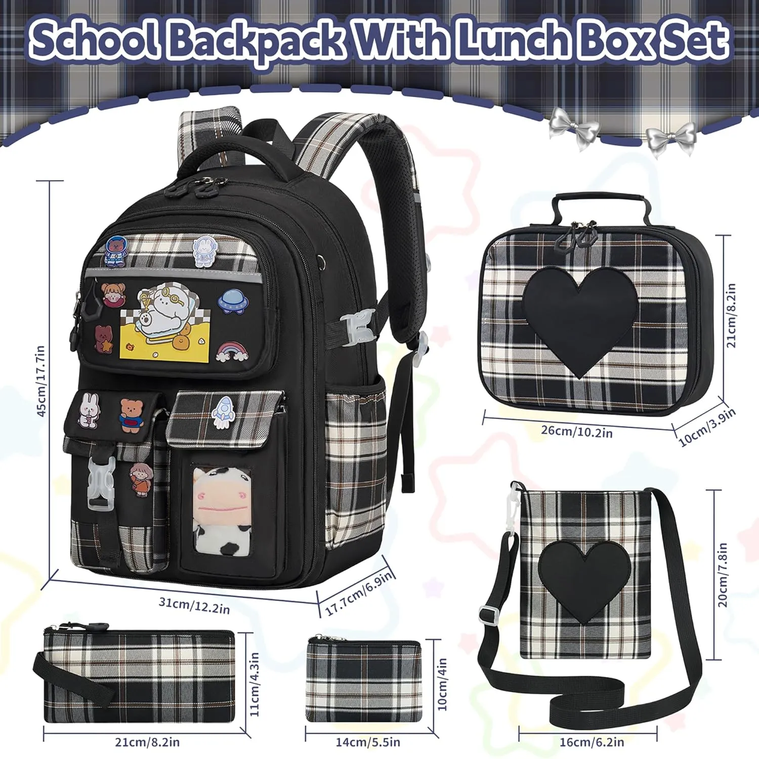 Cute Backpack for Girls, 5 Pack Kawaii Backpack Aesthetic Backpack with Lunch Box Set, Girls Black School Bookbag for Kids Teen Elementary