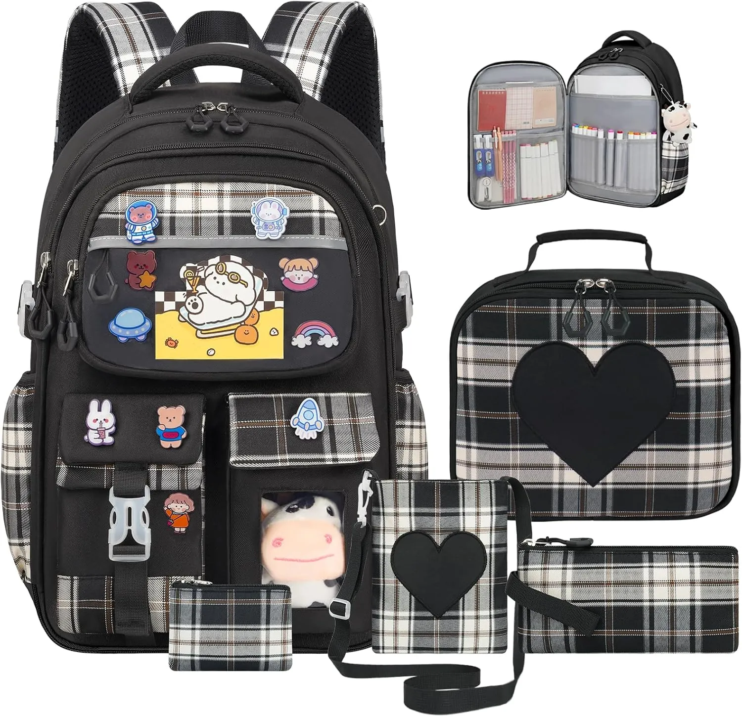 Cute Backpack for Girls, 5 Pack Kawaii Backpack Aesthetic Backpack with Lunch Box Set, Girls Black School Bookbag for Kids Teen Elementary