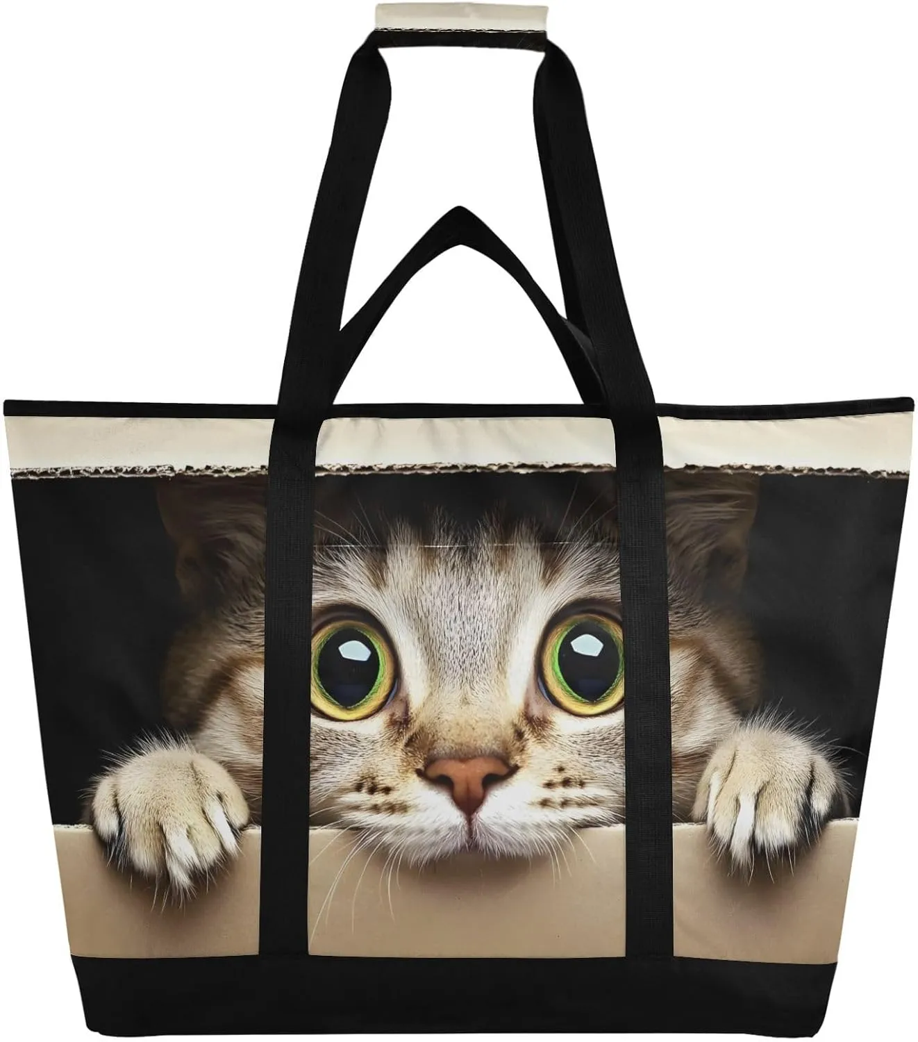 Cute Brown Cat Box Large Insulated Cooler Bag, Collapsible Soft Cooler Makes a Perfect Insulated Grocery Bag, Food Delivery Bag, Travel Insulated Bag or Beach Cooler Bags