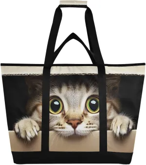 Cute Brown Cat Box Large Insulated Cooler Bag, Collapsible Soft Cooler Makes a Perfect Insulated Grocery Bag, Food Delivery Bag, Travel Insulated Bag or Beach Cooler Bags