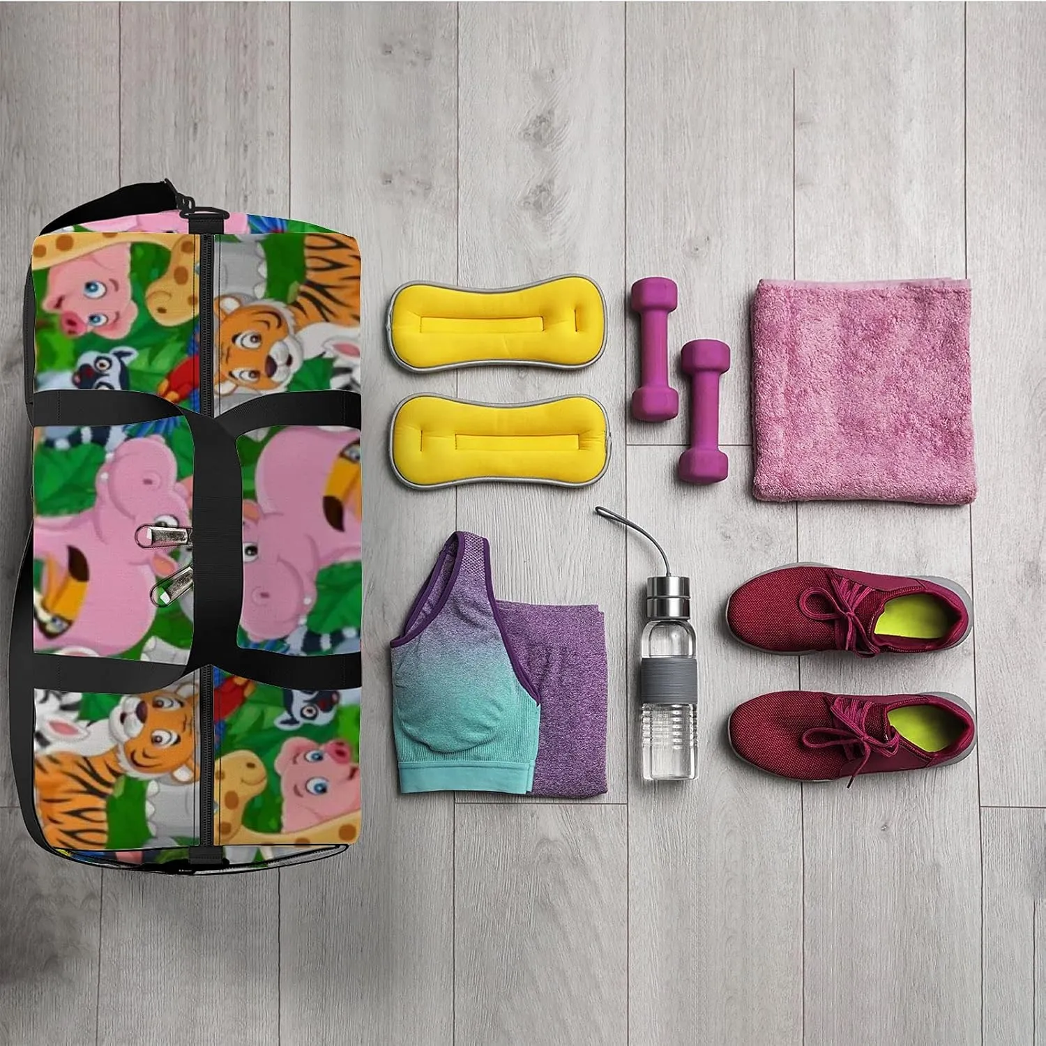 Cute Cartoon Kawaii Wild Animals Sports Bag Tote Bag Waterproof Gym Bag with Shoulder Strap Zipper 2 Side Pockets for Men and Women, Travel and Storage Shoulder Bag.