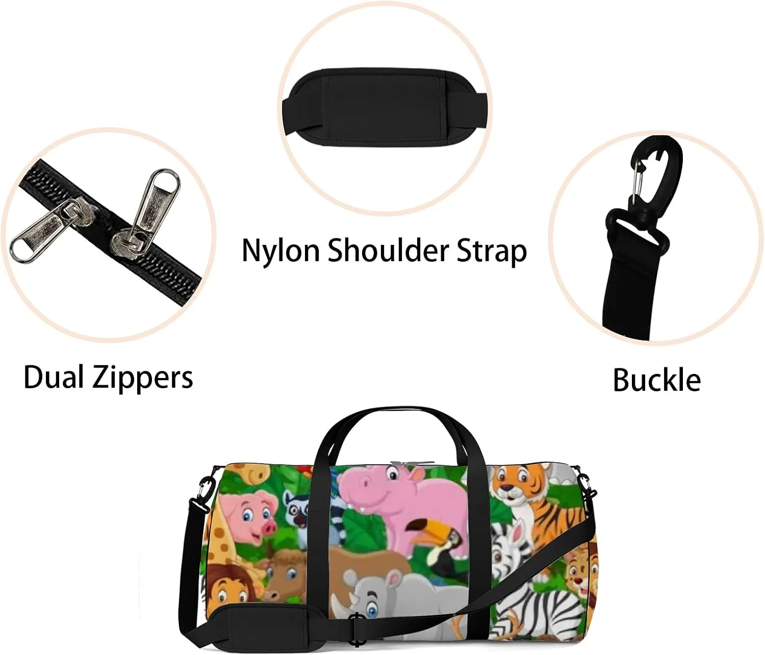 Cute Cartoon Kawaii Wild Animals Sports Bag Tote Bag Waterproof Gym Bag with Shoulder Strap Zipper 2 Side Pockets for Men and Women, Travel and Storage Shoulder Bag.