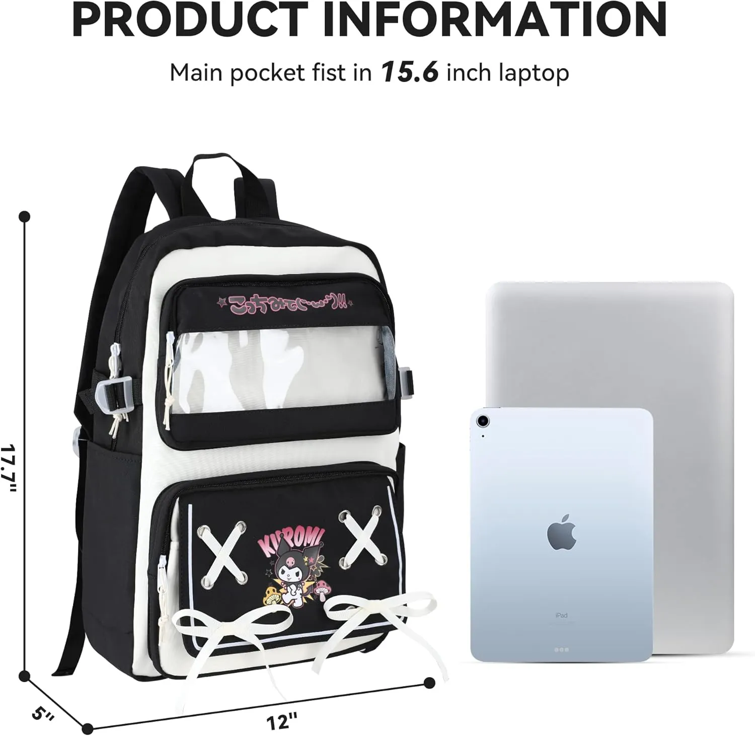 Cute Cool Backpack for Teens Girls, Ita Bag Kawaii Backpack with Kawaii Pins Accessories for Christmas Gifts (Black)
