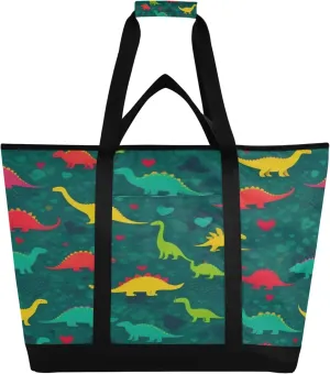Cute Dinosaur Reusable Insulated Cooler Bag with Ice Pack Compartment - Large 47L Waterproof Thermal Grocery Tote for Picnic Beach Camping Lunch Storage