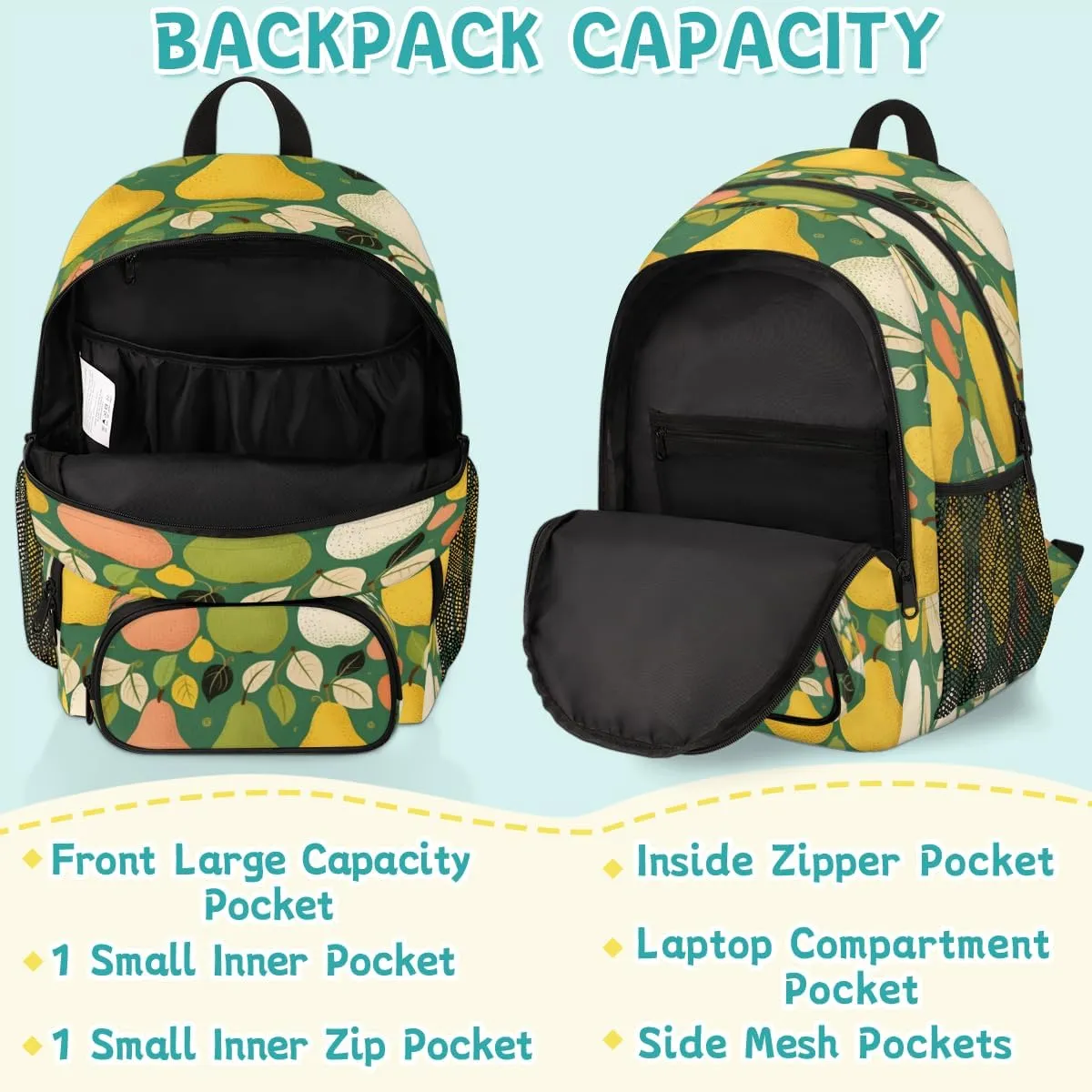 Cute Pear Laptop Backpack for Women Men, 18.3 Inch Travel Work Backpacks, Fruit Waterproof Computer Casual Daypack Nurse Teacher Bags