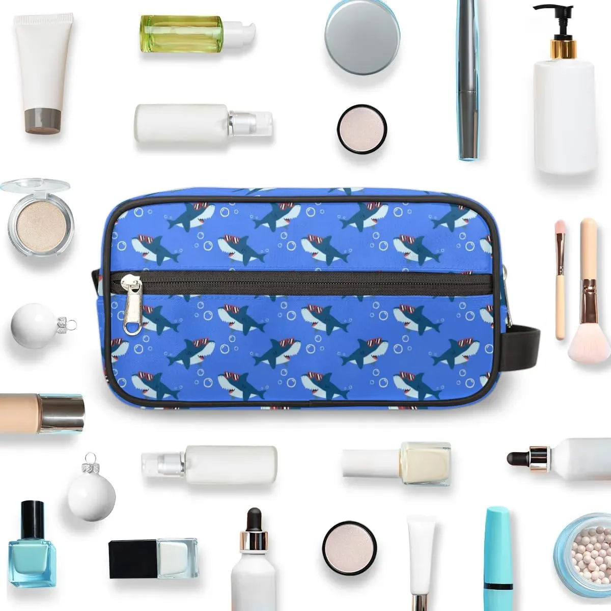 Cute Shark Travel Toiletry Bag Kit for Men Ocean Animal Cosmetic Makeup Bag for Boys Waterproof Shaving Bag Hanging Wash Bag Organizer for Toiletries Accessories