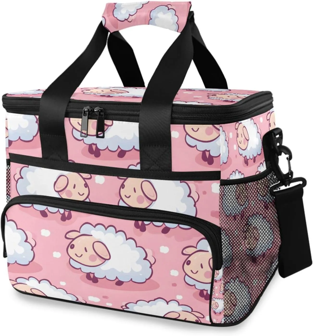 Cute Sheep Cartoon Pink Cooler Bag Insulated Cooler Soft Sided Cooler 24 Can Portable Picnic Bag Large Leakproof Lunch Bag Box for Beach Grocery Camping Travel Car Men Women