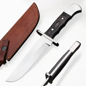 D2 11 Inch Full Tang Fixed Blade Bowie Knife with Leather Sheath - Suitable for Outdoor, Bushcraft, Survival, and Camping Knife with Black Micarta Handle