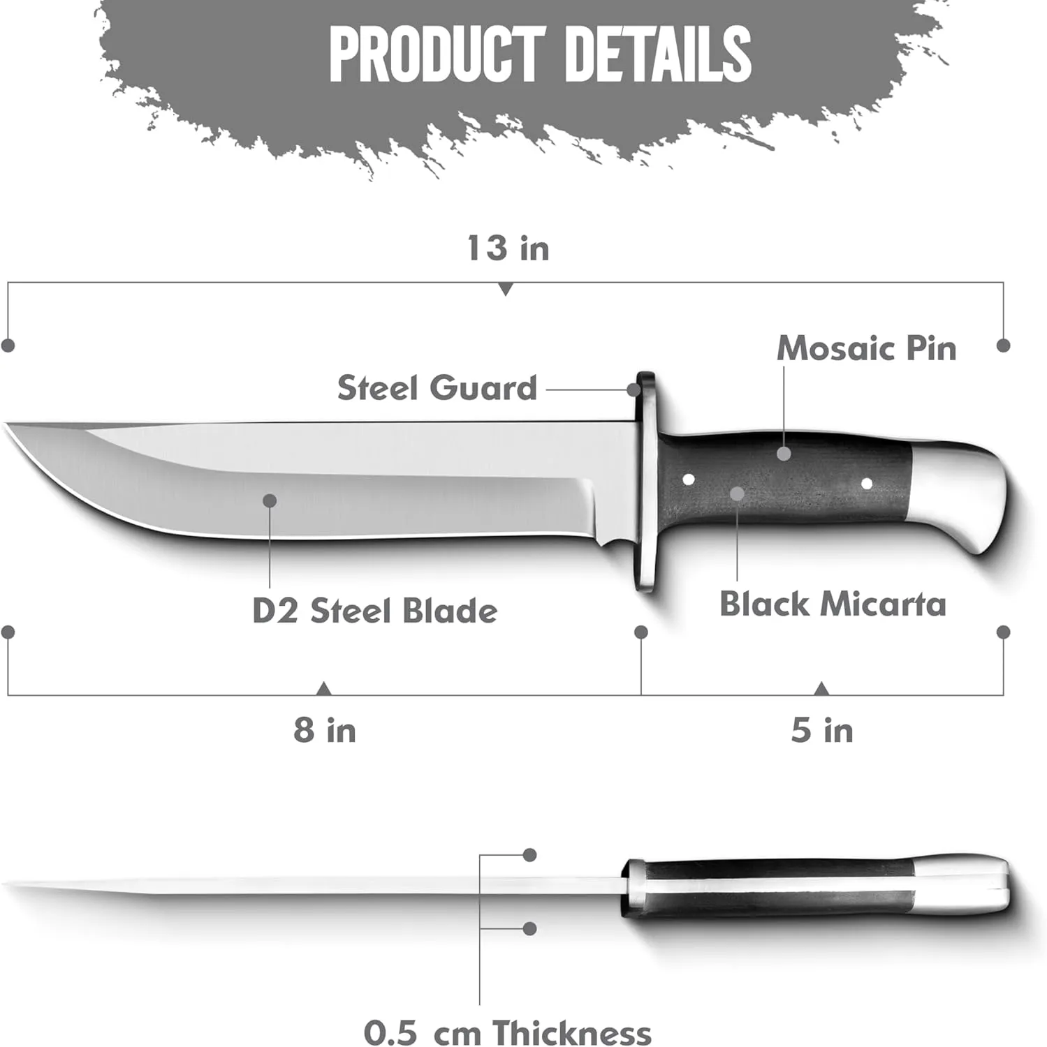 D2 13 Inch Full Tang Fixed Blade Bowie Knife with Leather Sheath - Suitable for Outdoor, Bushcraft, Survival, and Camping Knife with Black Micarta Handle
