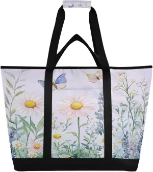 Daisy Butterfly Reusable Insulated Lunchbox Cooler Bag, Leakproof Kitchen Grocery Bag Collapsible Portable Cooler Tote Bag for Picnic, Camping, Office, Travel