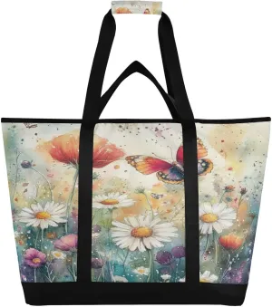 Daisy Butterfly Reusable Insulated Lunchbox Cooler Bag, Leakproof Kitchen Grocery Bag Collapsible Portable Cooler Tote Bag for Picnic, Camping, Office, Travel