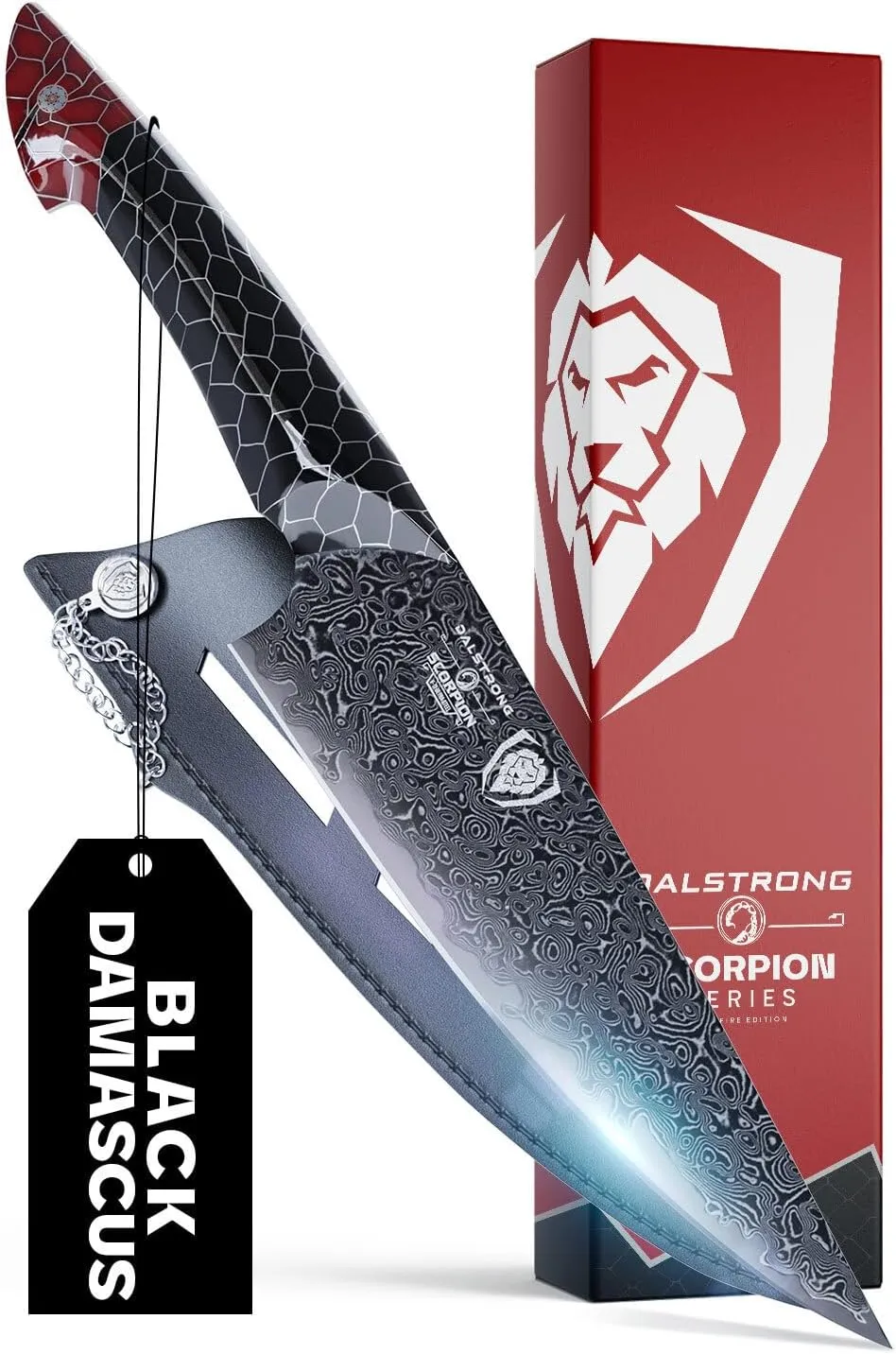 Dalstrong 8 in Chef Knife - Scorpion Series - Exclusive Japanese V12 Ultra™ Steel - Black Damascus - Black & Red Honeycomb Resin Handle - w/ 8 inch chef knife sheath