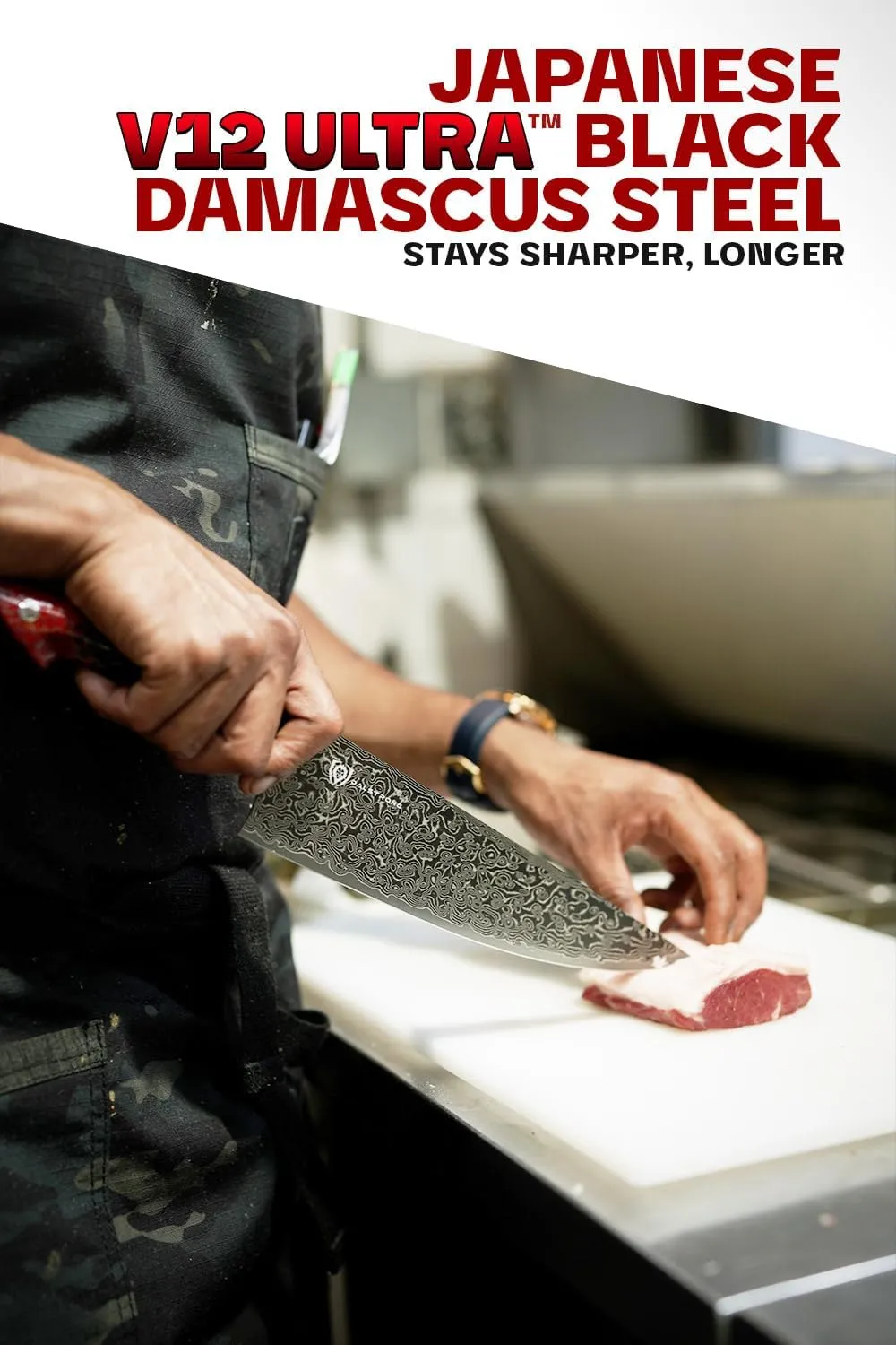 Dalstrong 8 in Chef Knife - Scorpion Series - Exclusive Japanese V12 Ultra™ Steel - Black Damascus - Black & Red Honeycomb Resin Handle - w/ 8 inch chef knife sheath