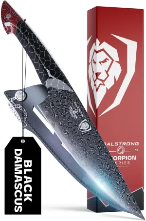 Dalstrong 8 in Chef Knife - Scorpion Series - Exclusive Japanese V12 Ultra™ Steel - Black Damascus - Black & Red Honeycomb Resin Handle - w/ 8 inch chef knife sheath