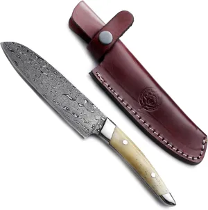 Damascus Handmade Chif Knife for Hunting,Survival,Camping,Bushcraft and Fishing with Full Tang Camel Bone Handle With Steel Bolsters withCowHide-Leather Sheath WKD-811