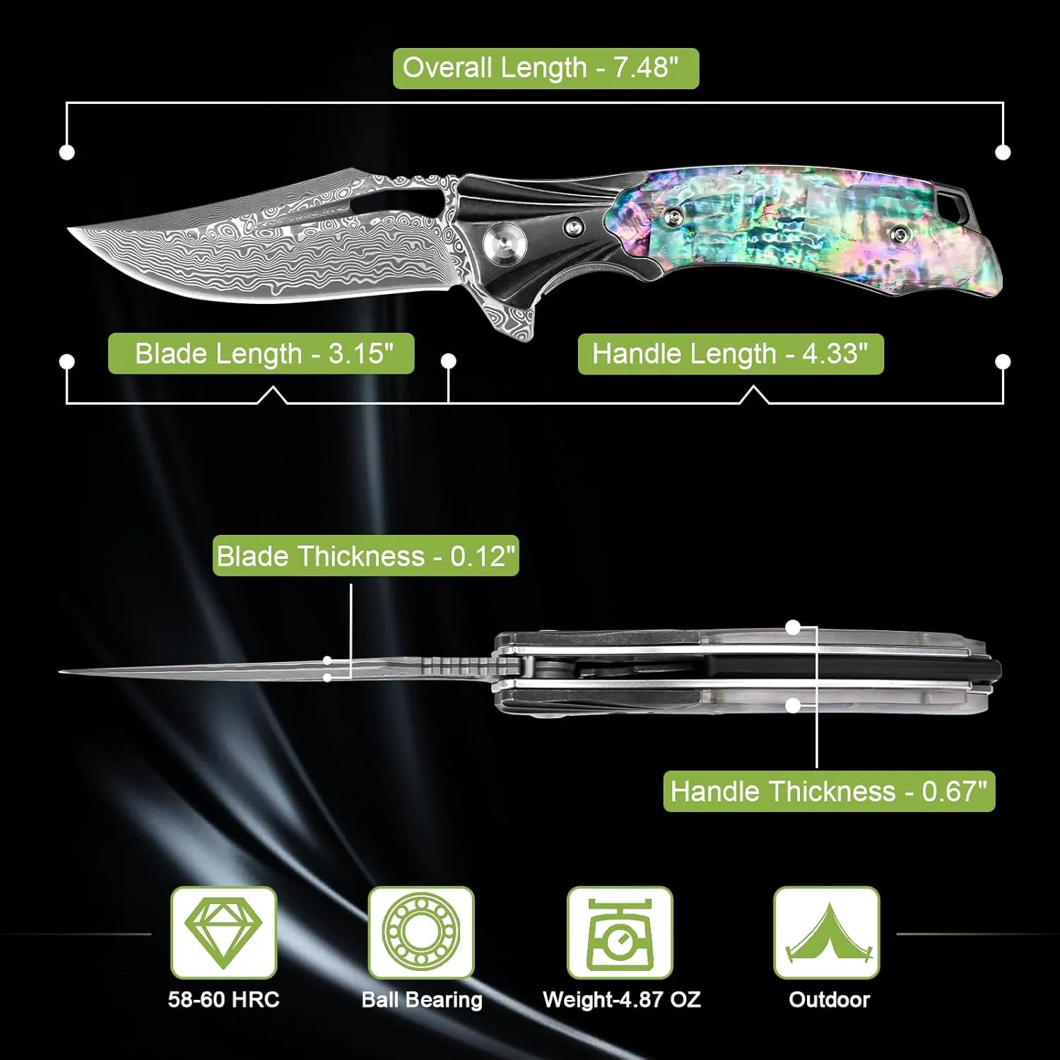 Damascus Pocket Knife for Women, 3.15" VG10 Damascus Steel Blade EDC Folding Knife with Sheath, Abalone Shells Handle, Ideal Gifts for Woman Men