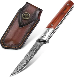 Damascus Pocket Knife with Vintage Leather Sheath, Damascus Folding Knife with VG10 Damascus Steel Blade and Wooden Handle, EDC Knife for Outdoor Survival Camping, Personalized Collectible Gifts for Men