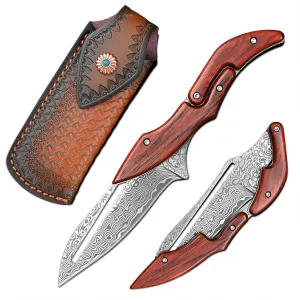 Damascus Steel Folding Knife Pocket Knife Yellow Sandalwood Handle Mechanical Lock Outdoor Camping Survival (Curved blade)