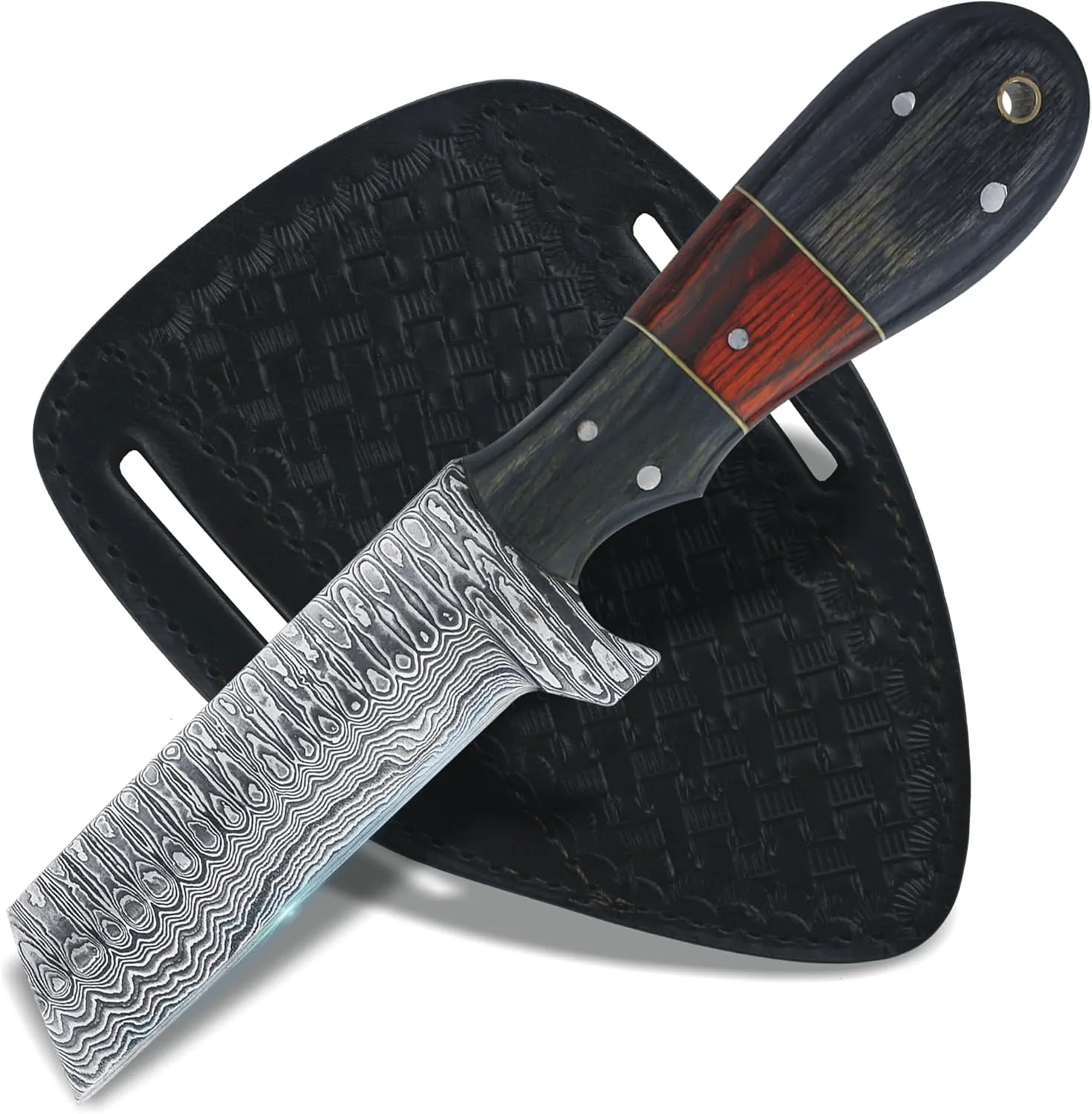 Damascus Steel Hunting Knife with Sheath for Belt, Handmade 8" Sharp Bull Cutter Knife, EDC Fixed Blade Knife, Full Tang Cowboy Knife with Wooden Handle, Skinning Knife for Outdoor Camping